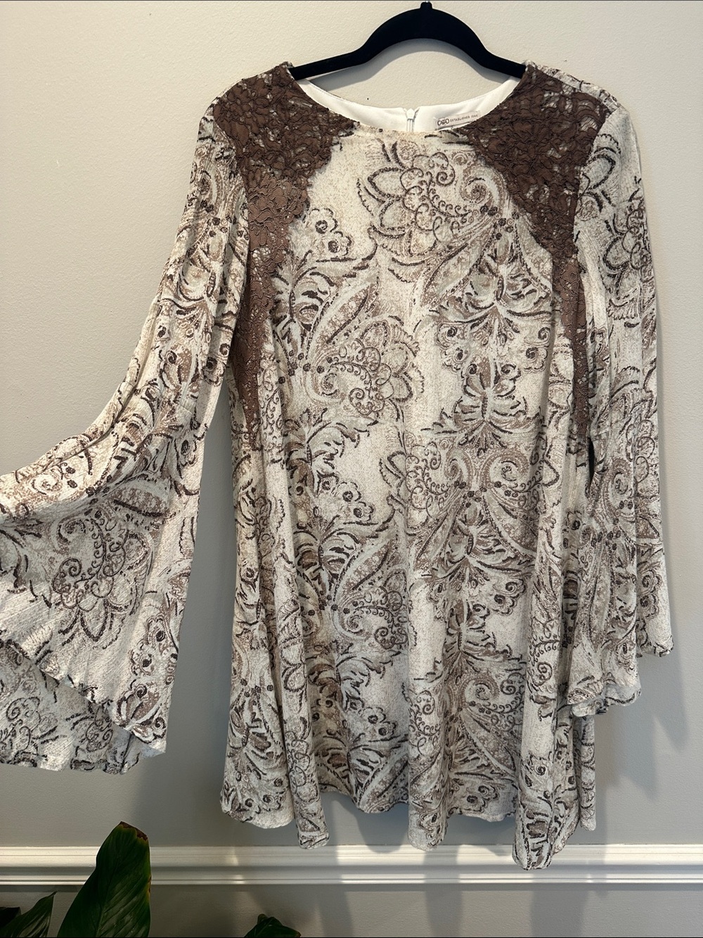 Cato Cream and Brown Paisley Lace-Accent Mini Dress